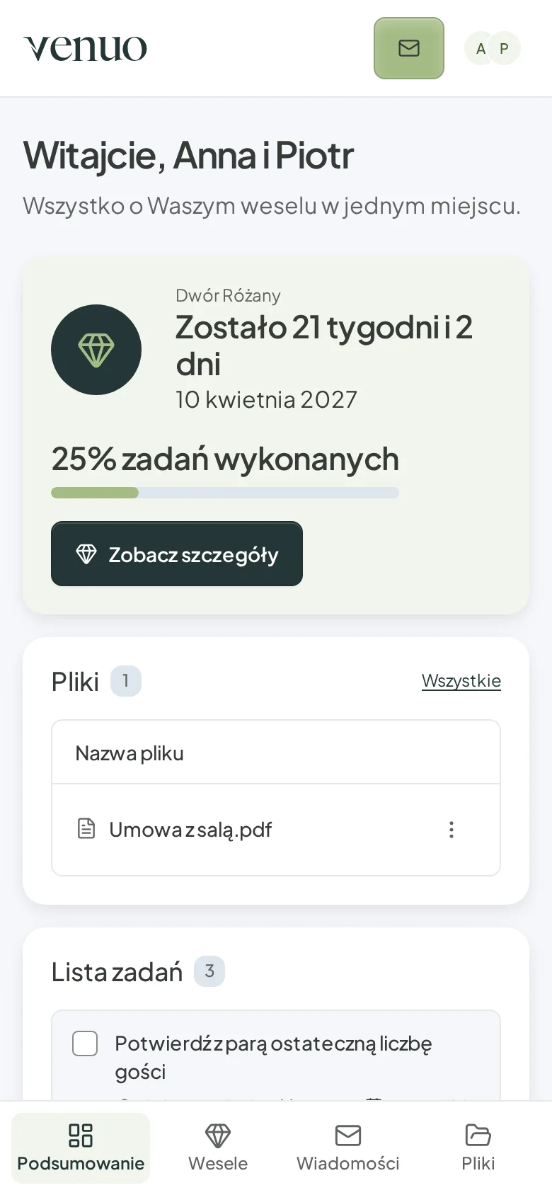 Portal pary: odliczanie do wesela, procent wykonanych zadań, pliki i lista zadań