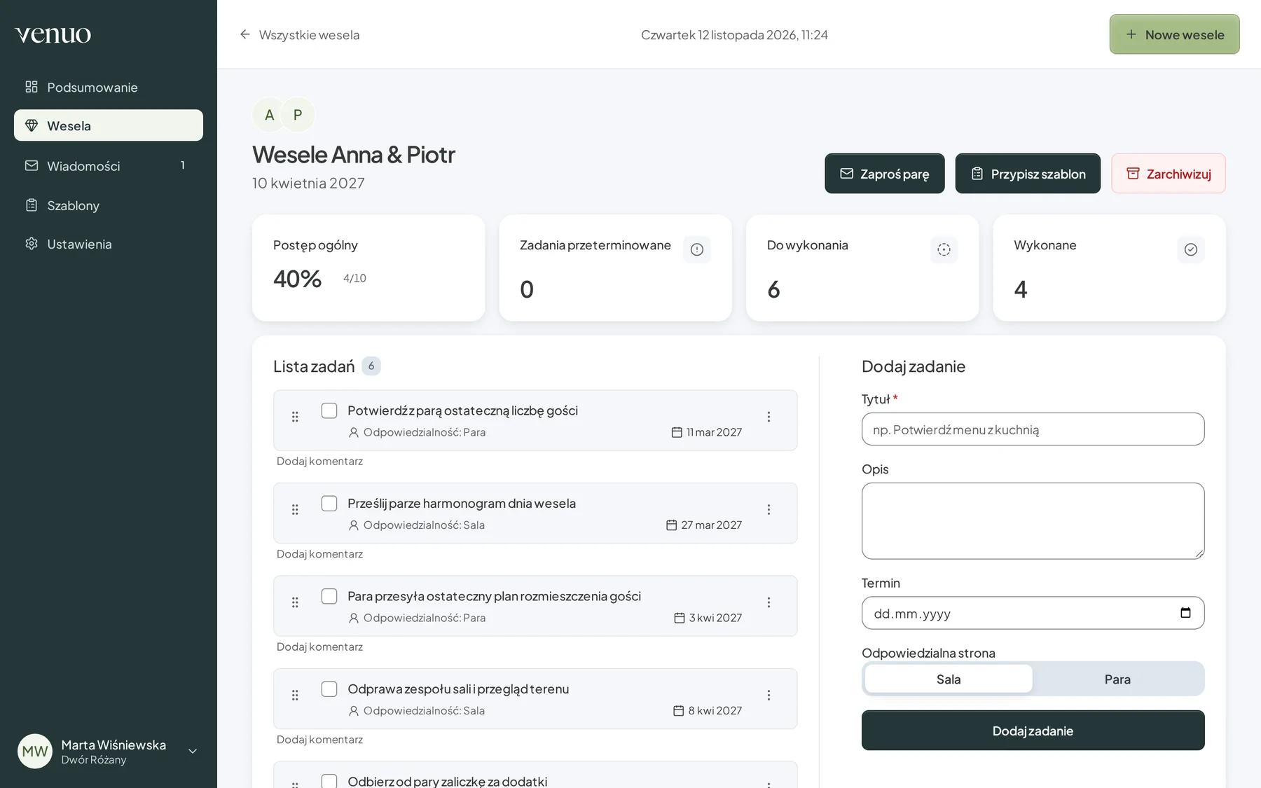 Panel sali: wesele Anny i Piotra z postępem 40%, listą zadań z terminami i podziałem na zadania sali i pary